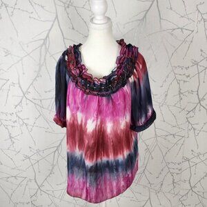 Piano Colorful Tie Dye Chainlink Ruffle Round Neck Top